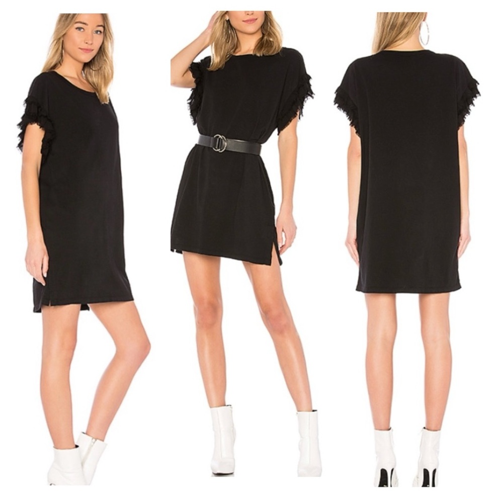 Current/Elliott Recrafted Ruffle Fringe Mini Shirt Dress Black Size 2 Oversized